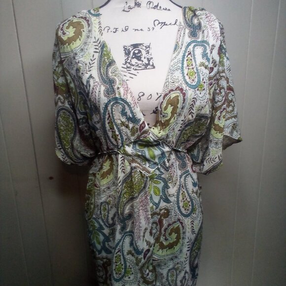 Paper Tee Blouse XL V-Neck Sheer Paisley Green Brown Blue - Picture 11 of 13